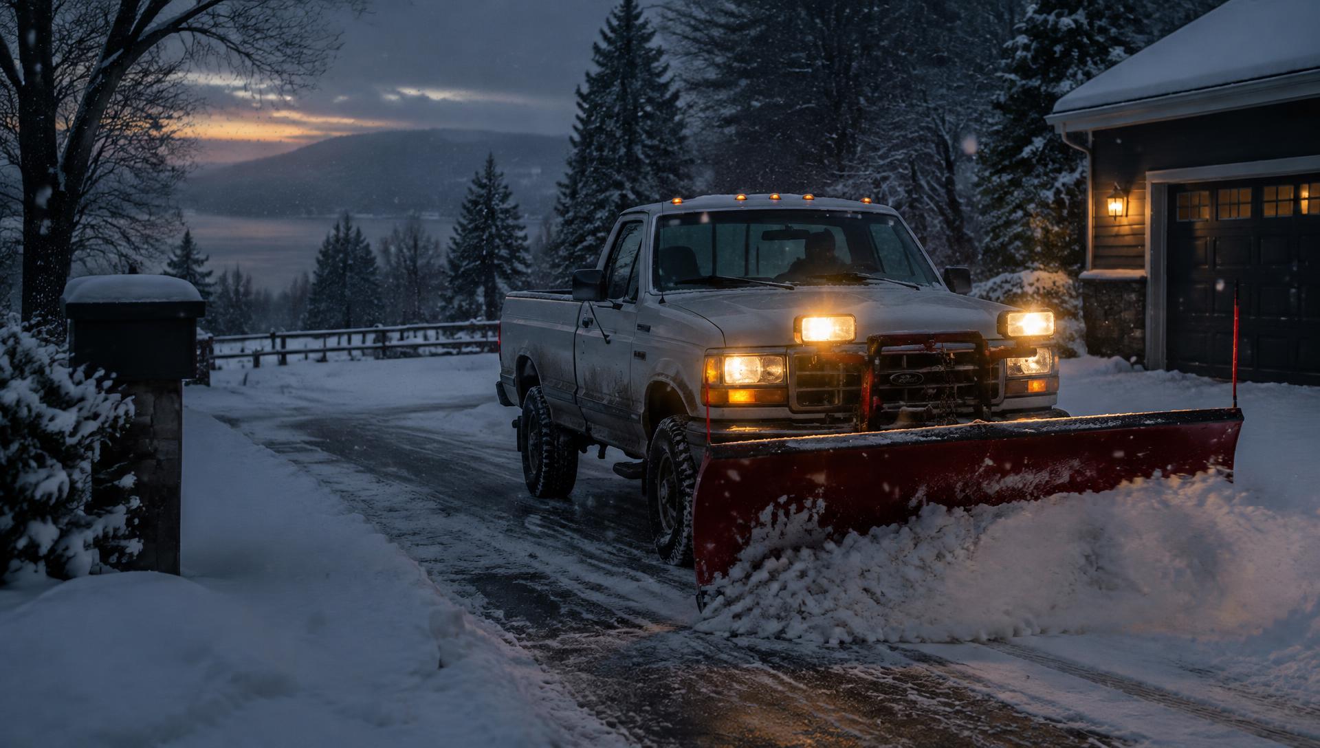 Pickup truck plowing a driveway at dawn