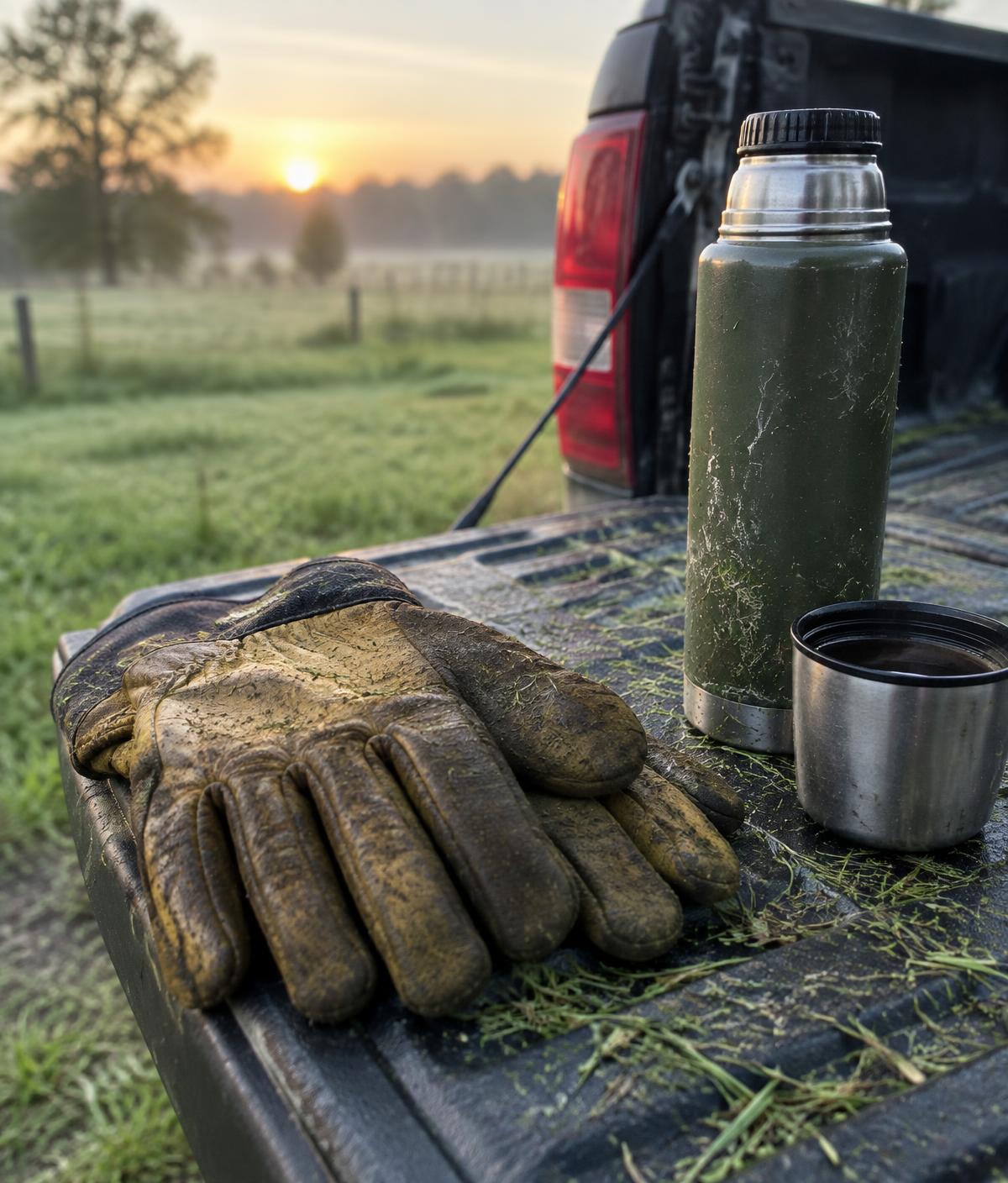 Work gloves and coffee on a truck tailgate